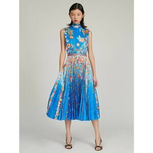 Saloni Fleur-e Pleated Printed Satin-jacquard Midi Dress Sapphire Falls Size XS